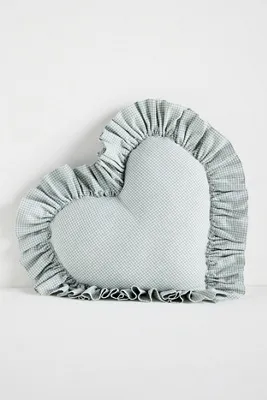 Gingham Cotton Ruffle Heart Pillow - Blue, Cotton by Anthropologie, alternate view