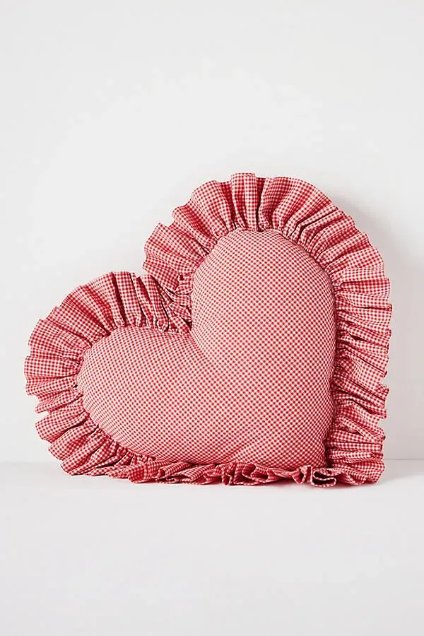Gingham Cotton Ruffle Heart Pillow - Red, Cotton by Anthropologie