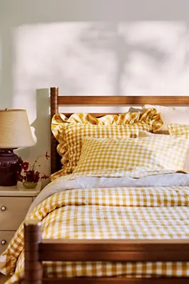 Gingham Ruffle Double Quilted Bedspread - Yellow, Cotton product