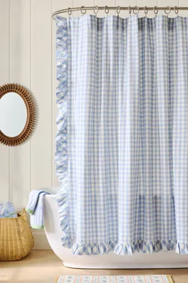 Gingham Ruffle Shower Curtain - Blue, Cotton product