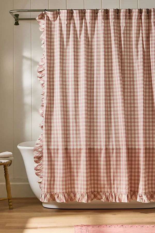 Gingham Ruffle Shower Curtain - Purple, Cotton by Anthropologie