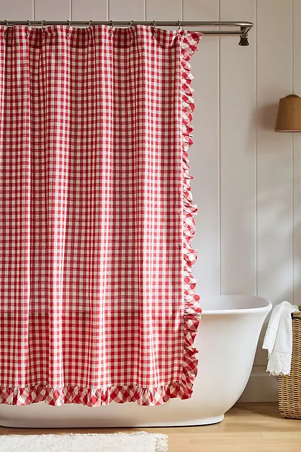 Gingham Ruffle Shower Curtain - Red, Cotton by Anthropologie