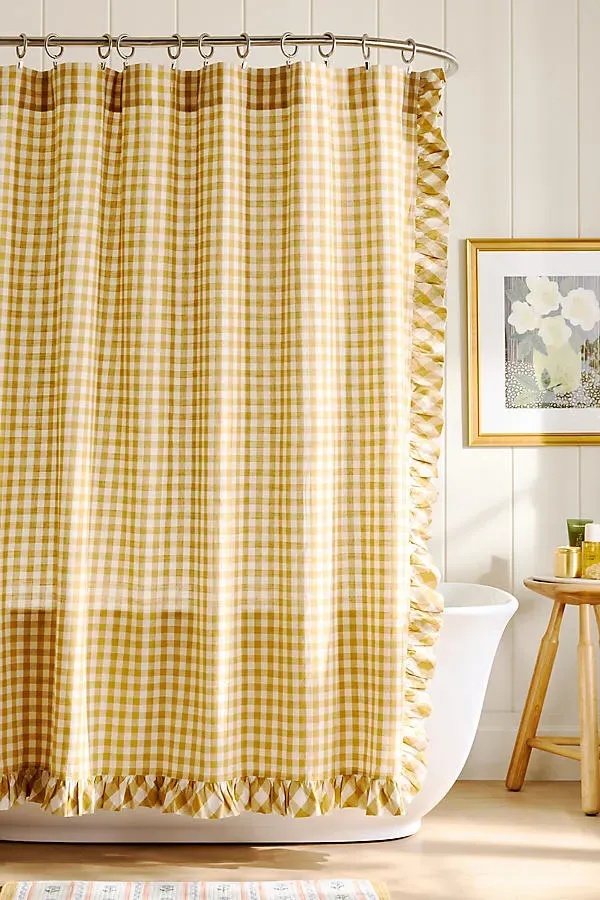 Gingham Ruffle Shower Curtain - Yellow, Cotton by Anthropologie