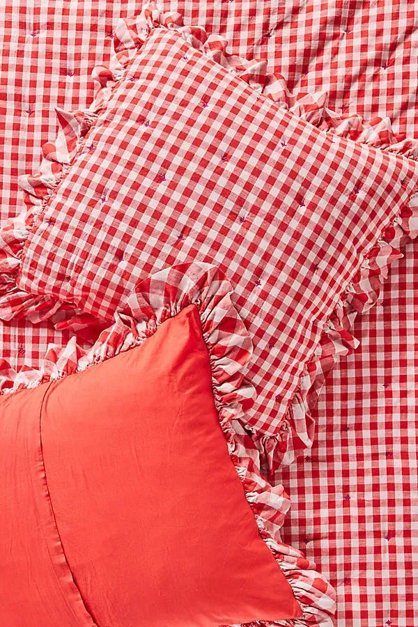 Gingham Ruffle Yarn-Dyed Cotton Cushion - Red product