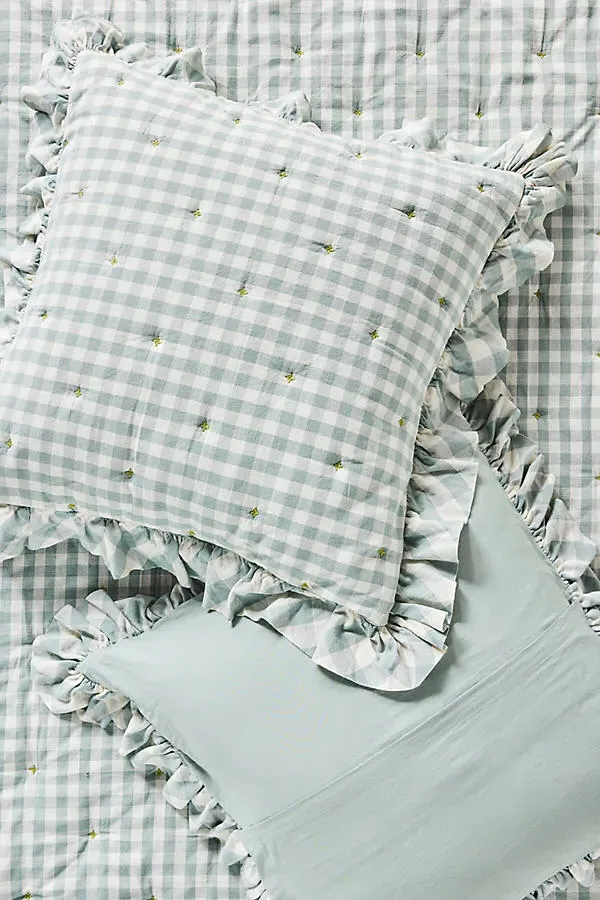 Gingham Ruffle Yarn-Dyed Cotton Euro Sham - Blue product