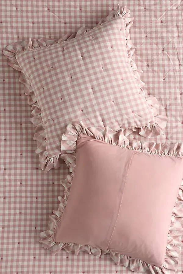 Gingham Ruffle Yarn-Dyed Cotton Euro Sham - Pink by Anthropologie