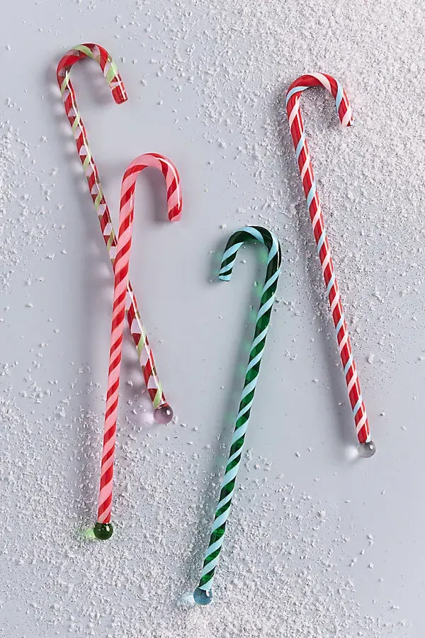 Glass Candy Cane Cocktail Stirrers Set of 4 by Anthropologie