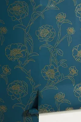 Gold Leaf Peonies Floral Peel-and-Stick Wallpaper - Blue by Anthropologie, image 2