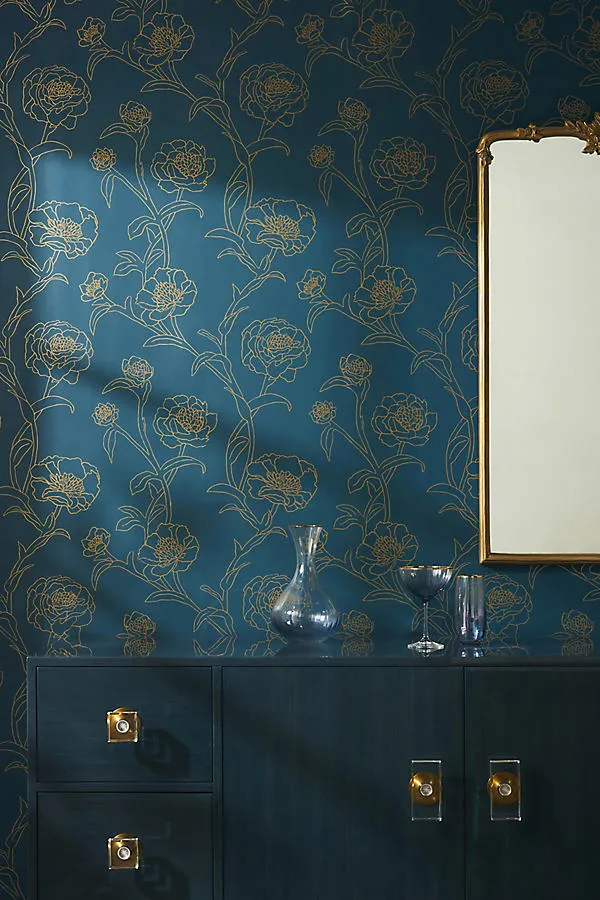 Gold Leaf Peonies Floral Peel-and-Stick Wallpaper - Blue by Anthropologie