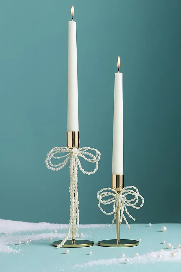 Gold & Pearl Bow Taper Candle Holder - Iron, Plastic product