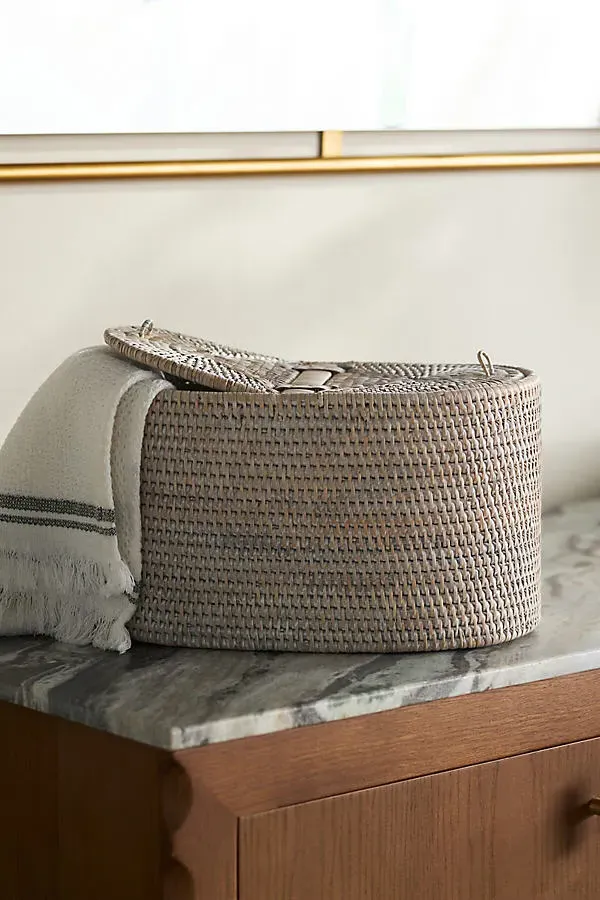 Handwoven Rattan Oval Double Tissue Roll Box - White product