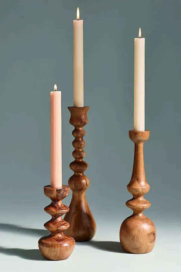 Helen Small Candle Holder - Beige, Acacia Wood product