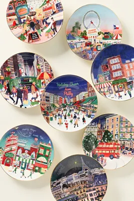 Holiday in the City Dessert Plate - Blue, Stoneware by Anthropologie, alternate view