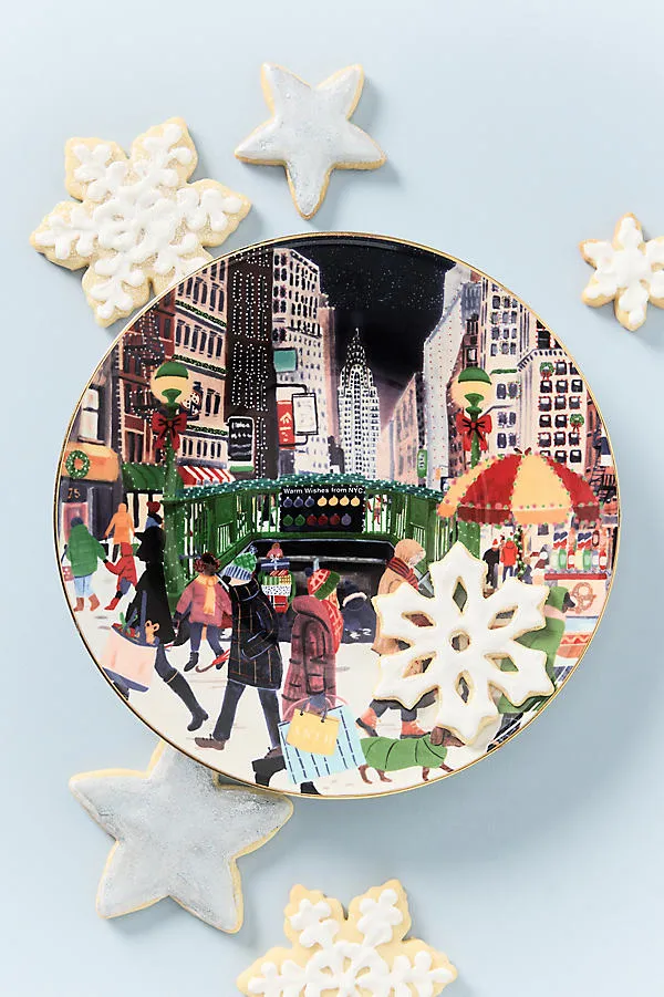 Holiday in the City Dessert Plate - Blue, Stoneware by Anthropologie