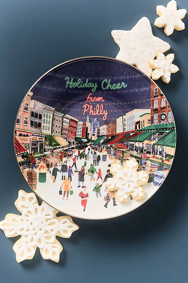 Holiday in the City Dessert Plate - Green, Stoneware by Anthropologie