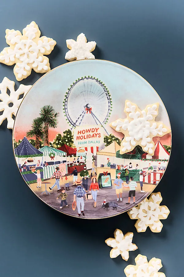 Holiday in the City Dessert Plate - Pink, Stoneware by Anthropologie