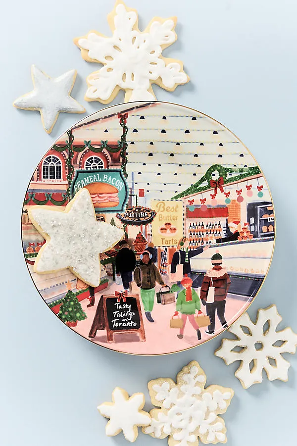 Holiday in the City Dessert Plate - Purple, Stoneware by Anthropologie