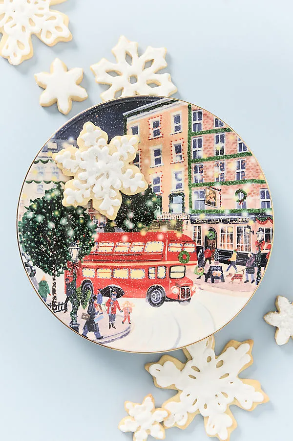 Holiday in the City Dessert Plate - Red, Stoneware by Anthropologie