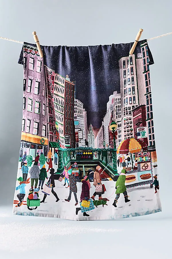 Holiday in the City Dish Towel - Blue, Cotton by Anthropologie