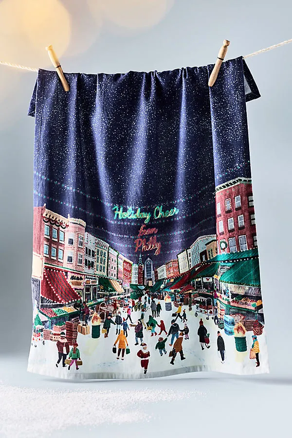 Holiday in the City Dish Towel - Green, Cotton by Anthropologie