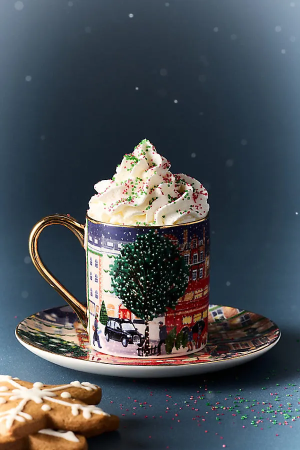 Holiday in the City Espresso Cup & Saucer - Red, Stoneware by Anthropologie