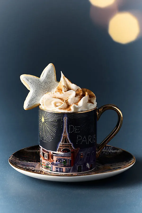Holiday in the City Espresso Cup & Saucer - Stoneware by Anthropologie