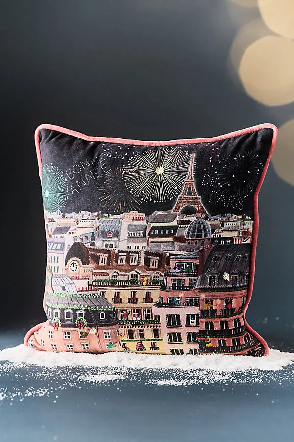Holiday In The City Printed Cotton Pillow - Blue by Anthropologie