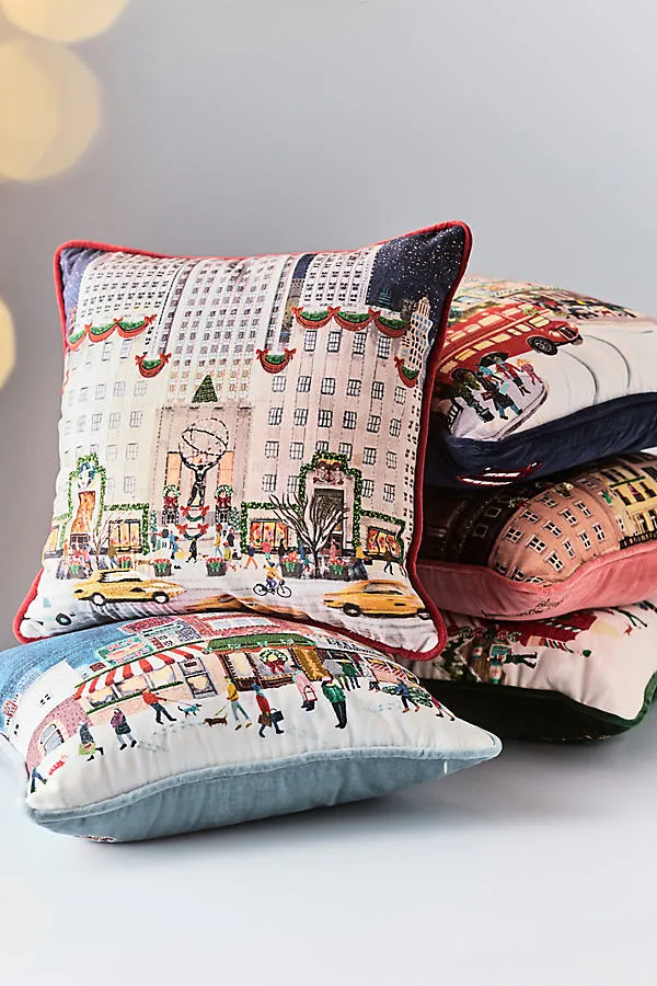 Holiday In The City Printed Cotton Pillow - Ivory by Anthropologie