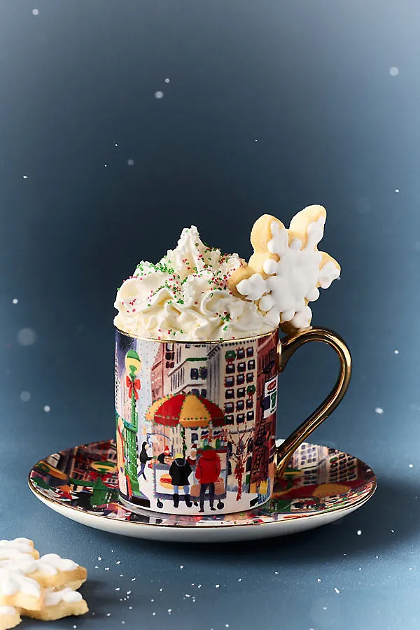 Holiday in the City Stoneware Espresso Cup & Saucer - Blue by Anthropologie