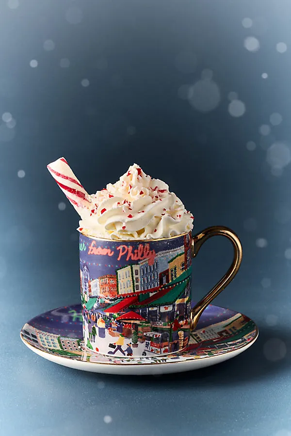 Holiday in the City Stoneware Espresso Cup & Saucer - Green by Anthropologie