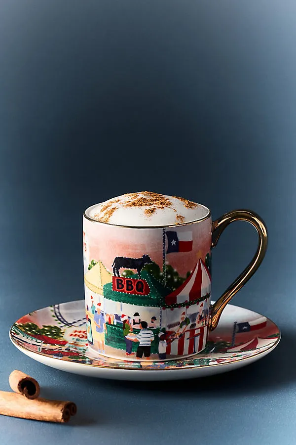Holiday in the City Stoneware Espresso Cup & Saucer - Pink by Anthropologie