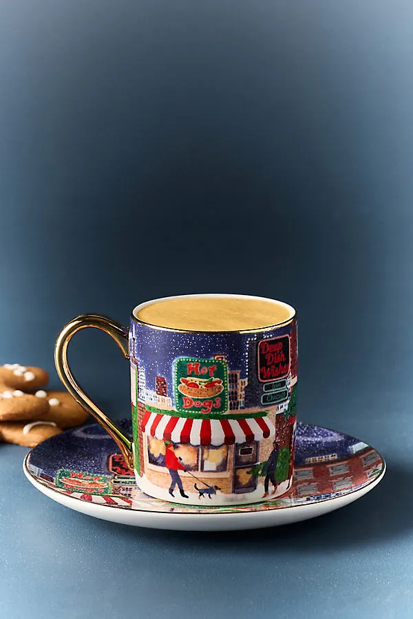 Holiday in the City Stoneware Espresso Cup & Saucer - Red by Anthropologie