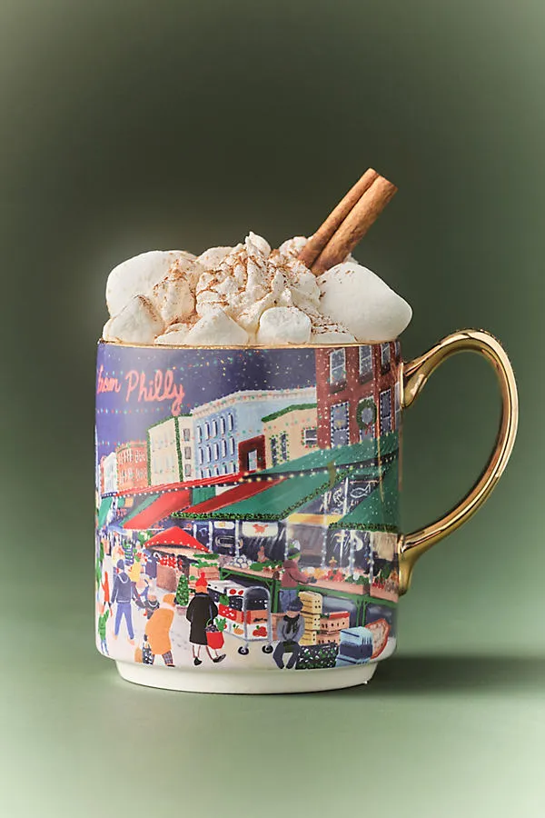 Holiday in the City Stoneware Mug - Green by Anthropologie