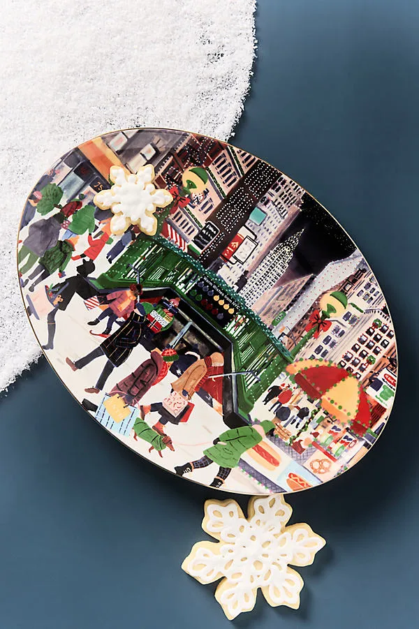 Holiday in the City Stoneware Platter - Blue by Anthropologie