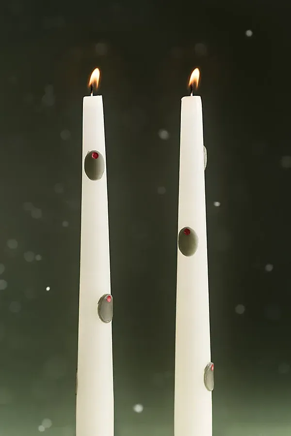 Holiday Pressed Bead Taper Candles Set of 2 - Green, Paraffin Wax by Anthropologie