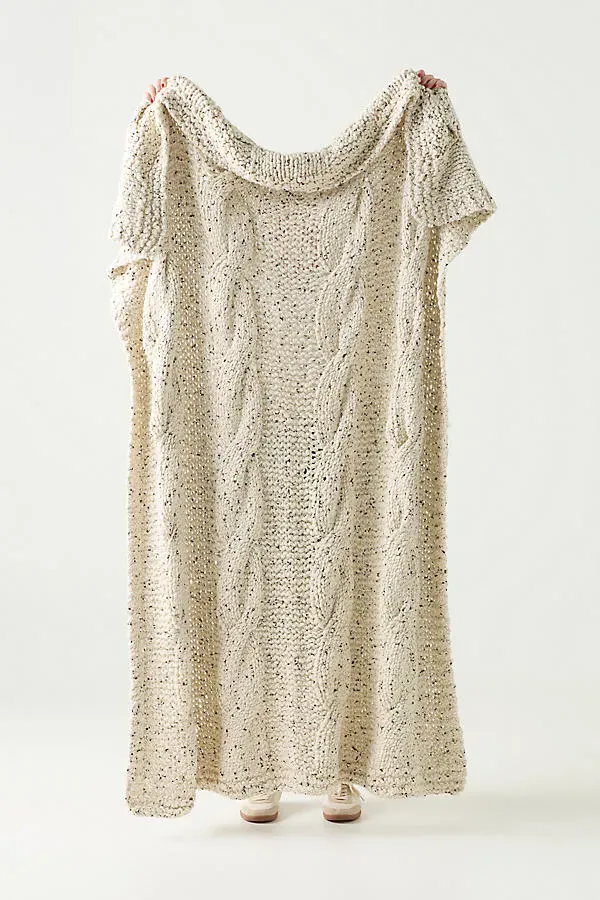 Holly Cable-Knit Throw Blanket - Ivory, Wool Blend by Anthropologie