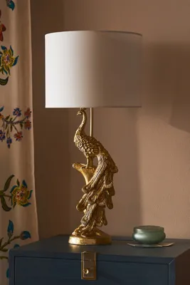 Icon Peacock Table Lamp - Gold, Cotton by Anthropologie, alternate view