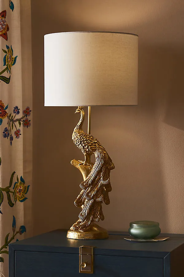 Icon Peacock Table Lamp - Gold, Cotton by Anthropologie