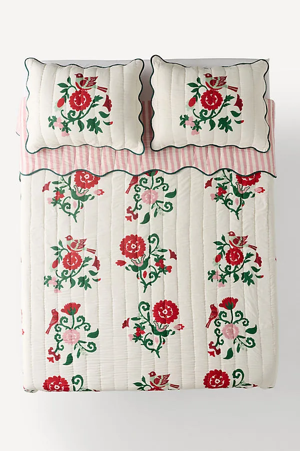 Iluka Floral Quilt Hand-Stitched - Pink, Cotton Gauze by Anthropologie
