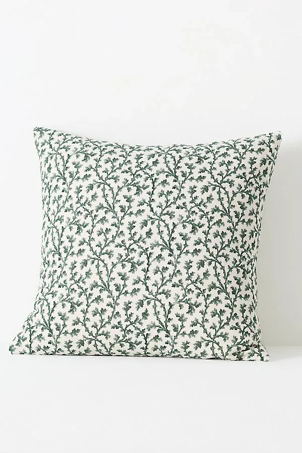 Irena Floral Printed Square Pillow - Green, Cotton Linen by Anthropologie