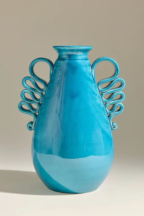 Italian Loop Handle Vase - Blue, Ceramic Earthenware by Anthropologie