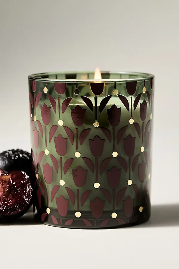 Jene Wrapped Sugar Plum & Vanilla Woods Glass Candle - Green, Cotton by Anthropologie