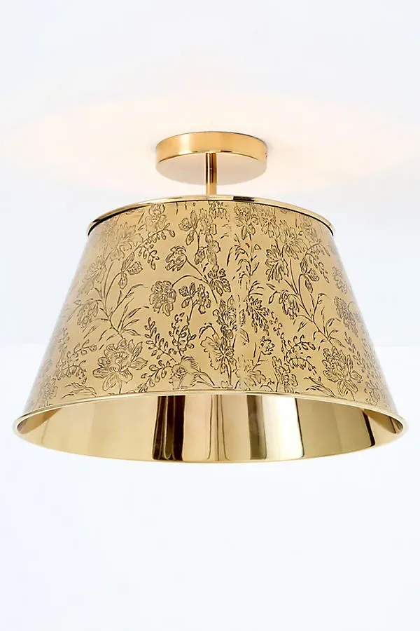 Joan Etched Floral Flush Mount Ceiling Light - Antique Brass by Anthropologie
