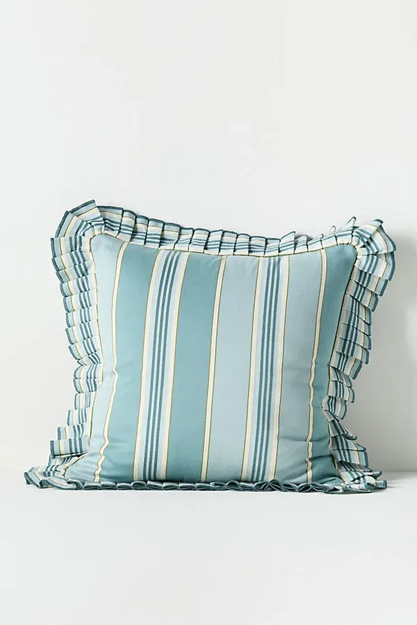 Juliette Yarn Dyed Striped Ruffle Pillow - Blue, Cotton by Anthropologie