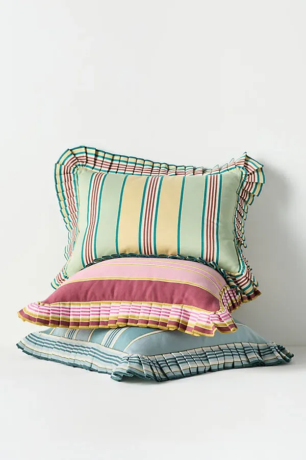 Juliette Yarn Dyed Striped Ruffle Pillow - Green, Cotton by Anthropologie