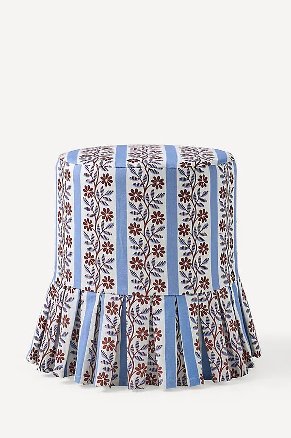 Layla Printed Ruffle Ottoman Slipcover - Beige, Polyester by Anthropologie