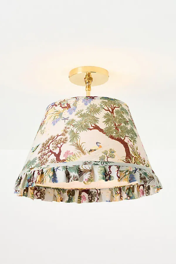 Lee Brass Ruffle Printed Semi-Flush Mount Light - Green, Cotton by Anthropologie