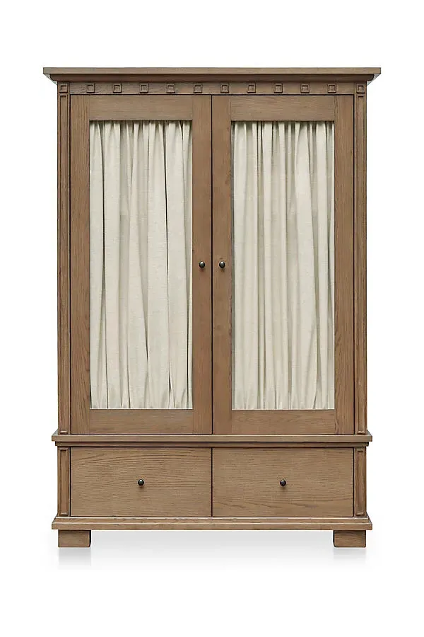 Lillian Ash Wood Curtained Cabinet - Beige, Linen by Anthropologie