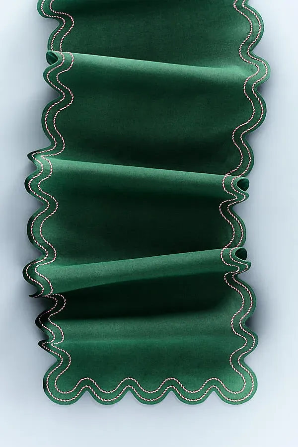 Madeline Embroidered Table Runner - Green, Cotton by Anthropologie
