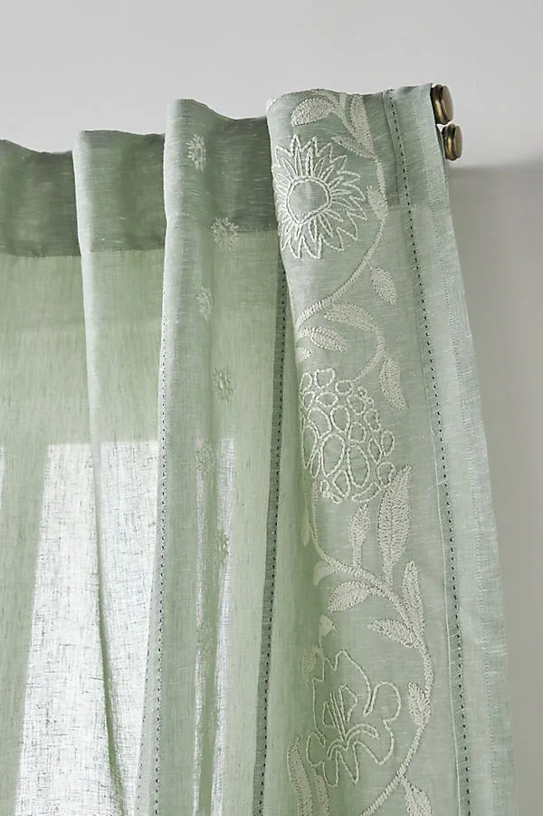 Manette Embroidered Sheer Curtain - Green, Cotton Linen product